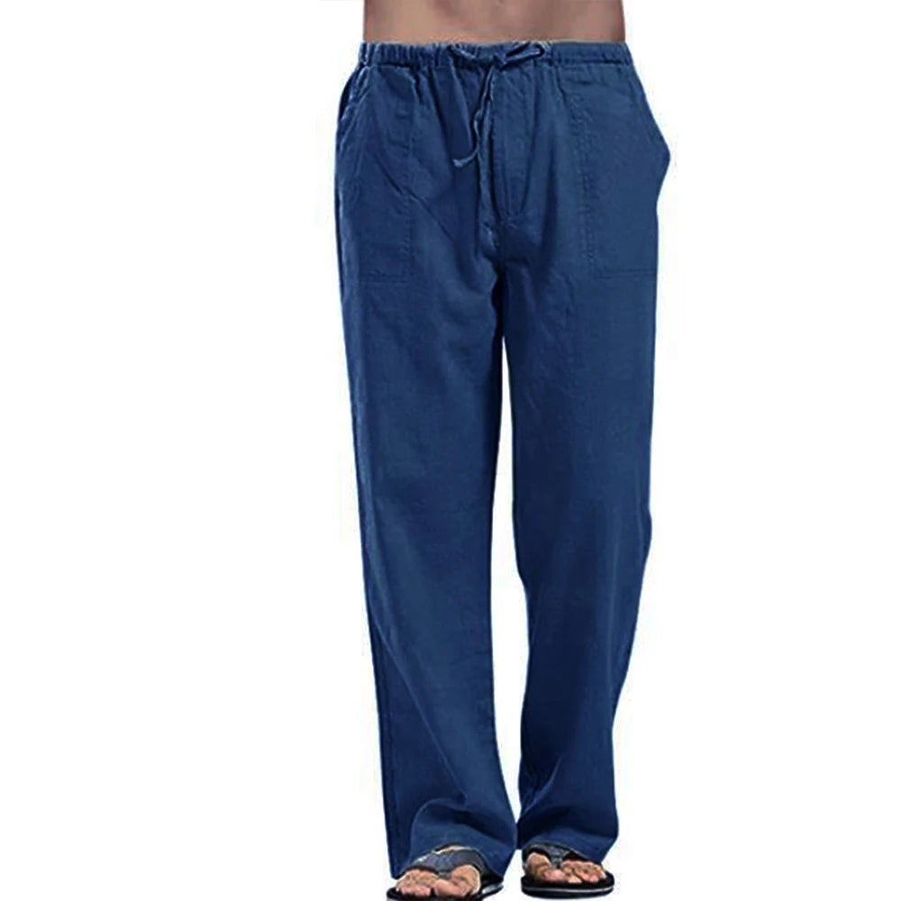 Men's Cotton Linen Long Pants Lightweight Drawstring with Pockets Comfortable Straight Leg Casual Trousers for Summer Beach Wear