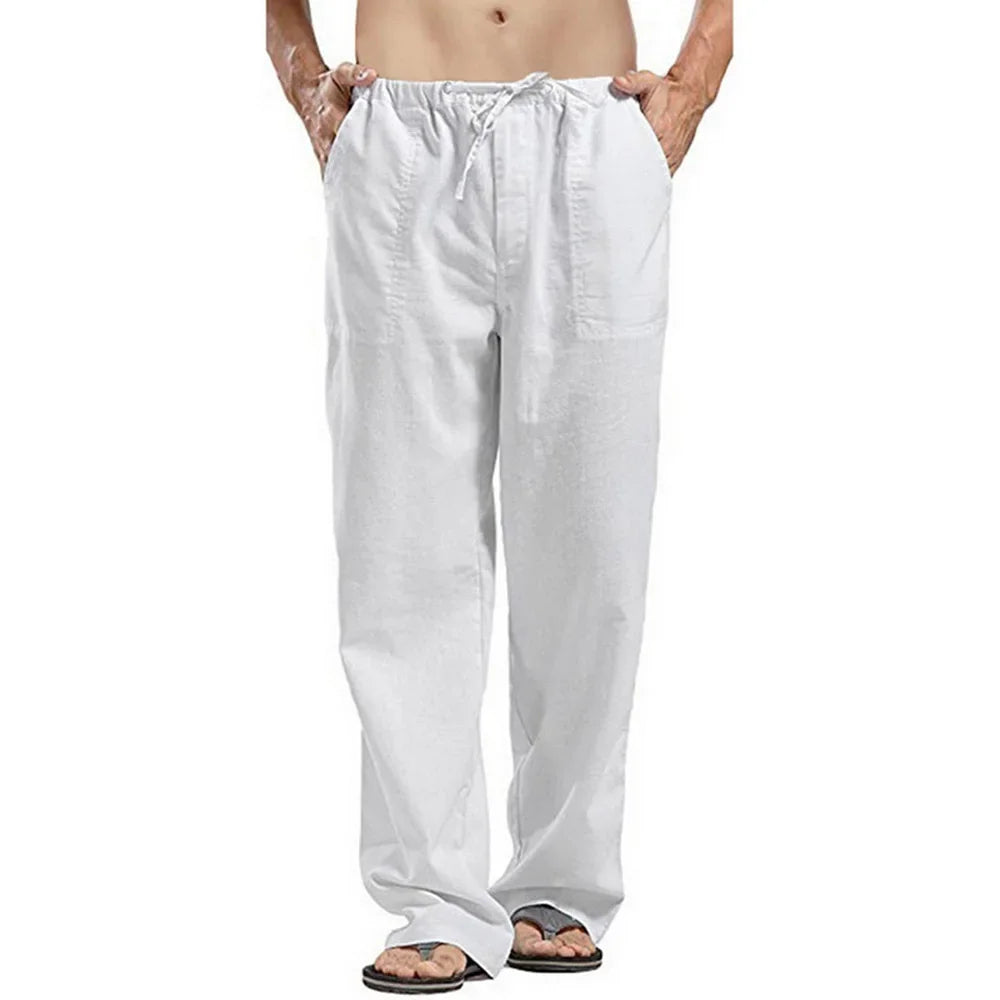 Men's Cotton Linen Long Pants Lightweight Drawstring with Pockets Comfortable Straight Leg Casual Trousers for Summer Beach Wear