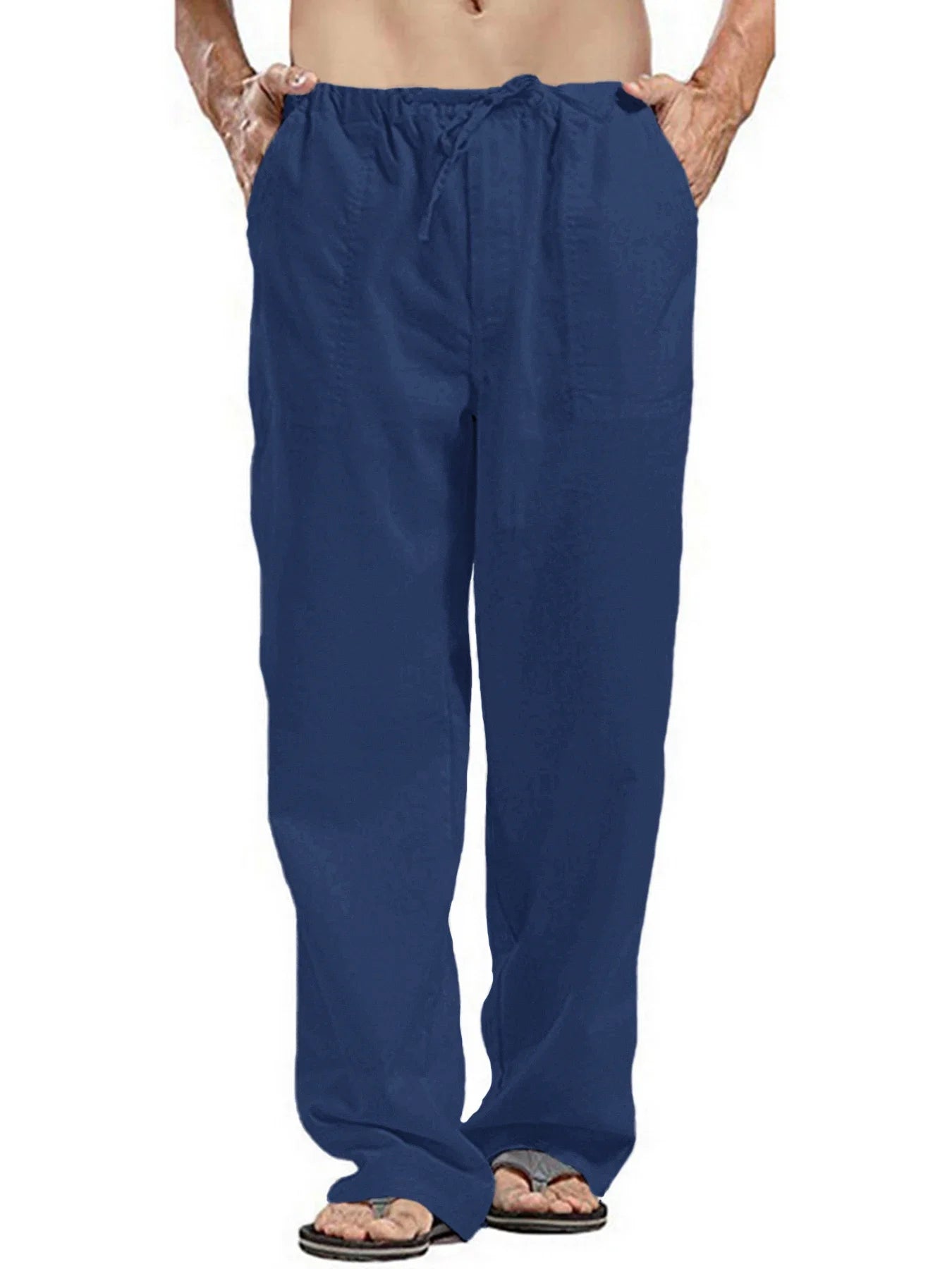 Men's Cotton Linen Long Pants Lightweight Drawstring with Pockets Comfortable Straight Leg Casual Trousers for Summer Beach Wear