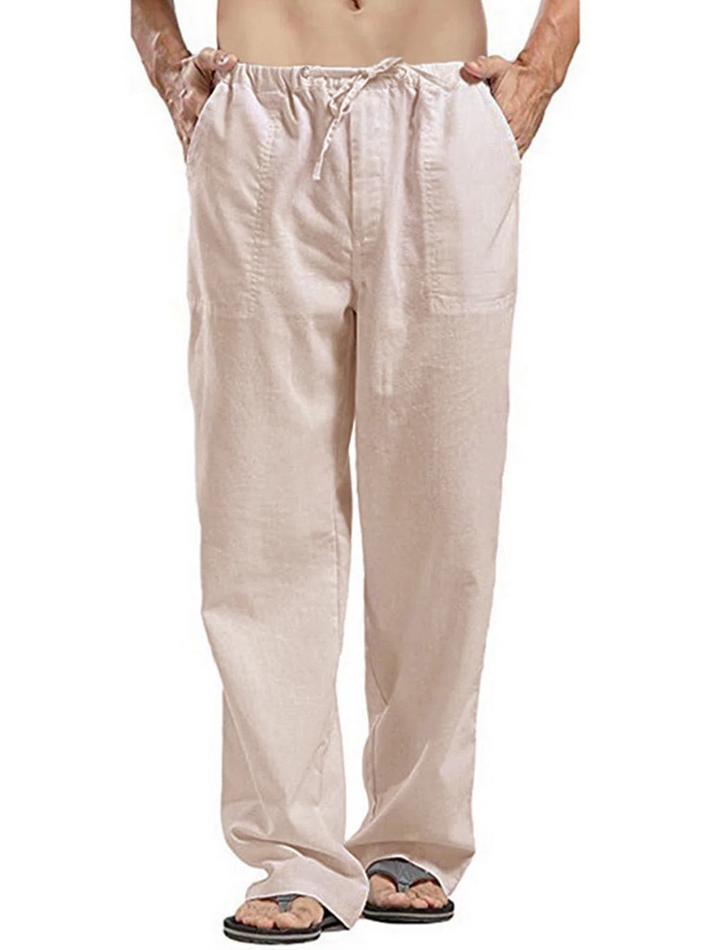 Men's Cotton Linen Long Pants Lightweight Drawstring with Pockets Comfortable Straight Leg Casual Trousers for Summer Beach Wear