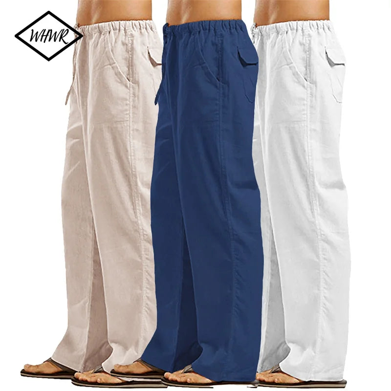 Men's Cotton Linen Long Pants Lightweight Drawstring with Pockets Comfortable Straight Leg Casual Trousers for Summer Beach Wear