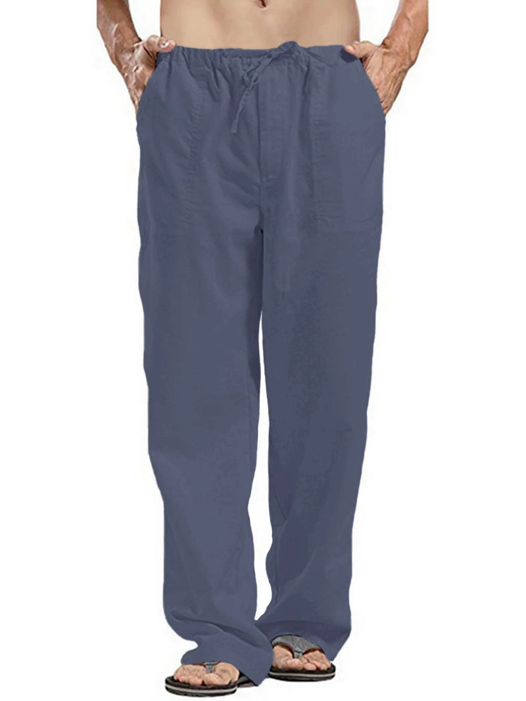 Men's Cotton Linen Long Pants Lightweight Drawstring with Pockets Comfortable Straight Leg Casual Trousers for Summer Beach Wear