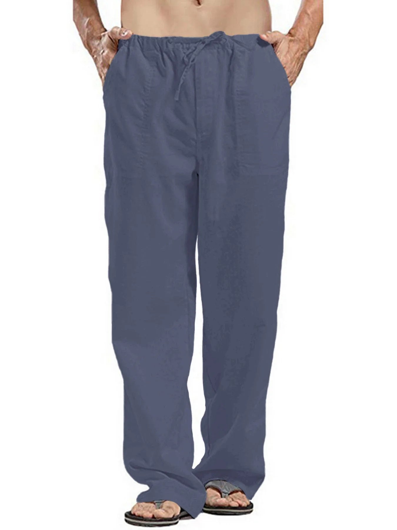 Men's Cotton Linen Long Pants Lightweight Drawstring with Pockets Comfortable Straight Leg Casual Trousers for Summer Beach Wear