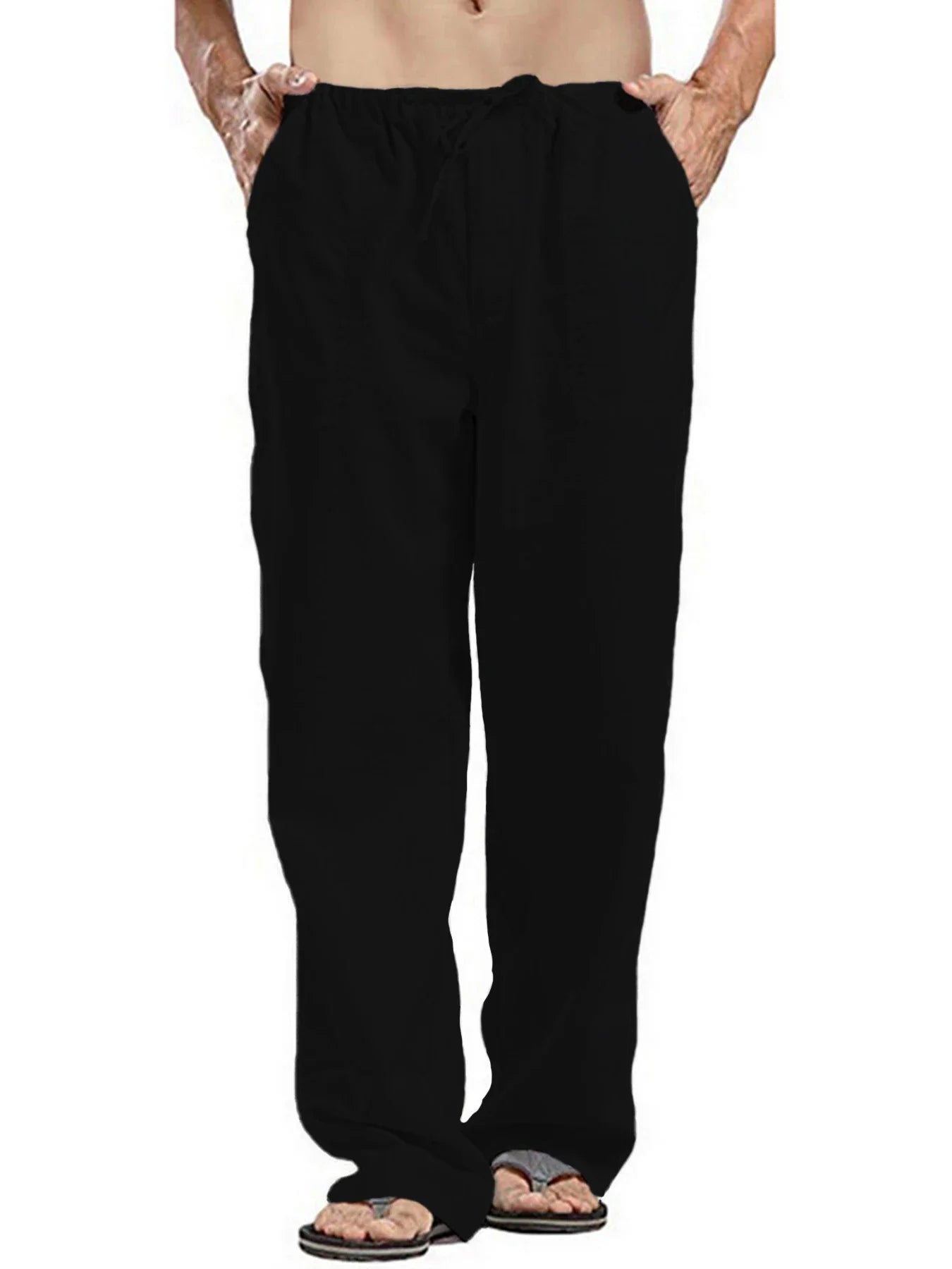 Men's Cotton Linen Long Pants Lightweight Drawstring with Pockets Comfortable Straight Leg Casual Trousers for Summer Beach Wear
